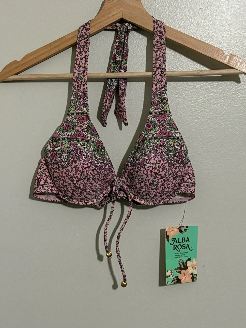 Alba Rosa Pink Floral Halter Bikini Top S